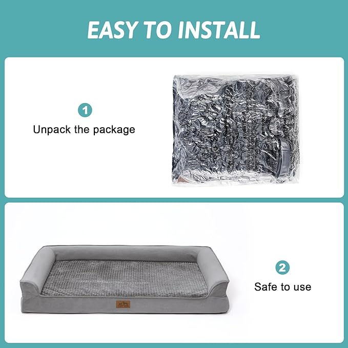 Orthopedic Dog Bed for Large Dog, XL Pet Couch for Extra Large Dog, Big Supportive Foam Bolster Sofa with Waterproof Lining Cover, Anti-Slip, Comfort, Washable, 42x30x7.5 in, U Shape, Grey-Mewly Pet