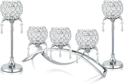 Set of 3 Gold Crystal Tea Light Candlestick Holders Flower Shape with Crystal Pendant Bowl Votive Metal Candle Holder for Table Centerpieces Wedding Home Decor (Set of 3, Silver)