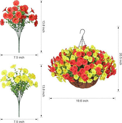 Artificial Fake Hanging Flowers with Basket for Fall Decoration, 12 Bundles Faux Silk Morning Glory Plants for Outdoor Planters, Realistic UV Resistant Artificial Flowers for Outside Porch Garden