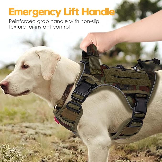 Heavy-Duty Tactical Dog Harness for Large Dogs, No Pull Adjustable Reflective Pet Vest with Molle System, K9 Military-Grade Control for Service Training, Outdoor & 10+ Breeds, Green Camo, Medium-Mewly Pet