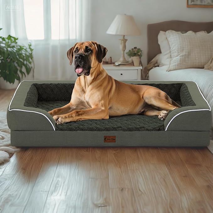 Orthopedic Dog Beds for Large Dogs, Waterproof Memory Foam Dogs Bed with Sides, Non-Slip Bottom and Egg-Crate Foam Big Dog Sofa with Removable Washable Cover(Large,Dark Green)-Mewly Pet