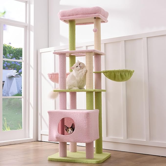 Gardner Pet 65in Heavy Duty Cat Tree Tower for Large Cats, Multi-Level Cat Furniture with Replaceable Sisal Scratching Post, Hammock | Extra-Large Platform & Condo (Pink&Green, Basic φ:2.84")-Mewly Pet