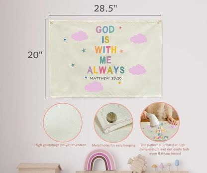 Christian Bible Verse Scripture Rectangular Banner Flag Wall Sign Decor Gift for Baby Girls-Nursery Baby Room Bedroom Decor-Baby,Shower Birthday Christmas Gift-God Is with Me Always
