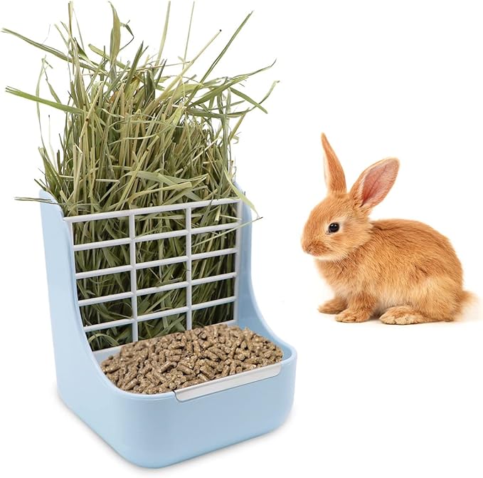 Litewoo Rabbit Hay Feeder Guinea Pig Feeder, 2 in 1 Automatic Small Animal Food Bowl Feeding Cage Accessories (Blue)-Mewly Pet