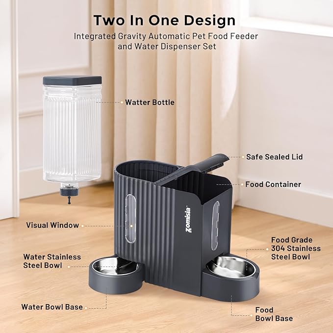 Gravity Cat Feeder and Water Dispenser with 304 Stainless Steel Bowls, 2 in 1 Automatic Cat Feeder with 180 Degree Rotatable Water Bowl, Large Capacity for Puppy Kitten Rabbits, Blue-Mewly Pet