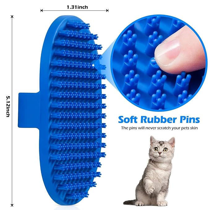 Lilpep Dog Bath Brush, Rubber Pet Shampoo Brush with Silicone Bristles for Massaging Grooming, Removing Short Haired Dogs Cats Shedding, Tangles and Dead Undercoat (Blue, plum brush)-Mewly Pet