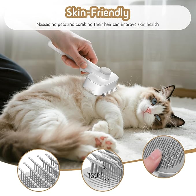 Self Cleaning Slicker Brush, 2-in-1 Cat Brush for Shedding, Skin Friendly Grooming Tool for Long & Medium-Long Hair Pets, Adjustable Bristle Length with Dematting Comb for Cats, Dogs-Mewly Pet