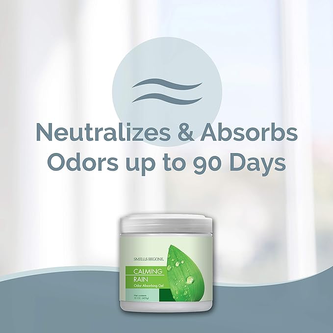 SMELLS BEGONE Air Freshener Odor Absorber Gel - 15 oz, Pack of 2 - Absorbs and Eliminates Odor in Pet Areas, Bathrooms, Cars, & Boats - Made with Essential Oils - Calming Rain Scent-Mewly Pet