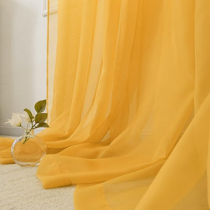 HUTO Gold Yellow Sheer Window Curtains 108 Inches Long for Bedroom Girls Rod Pocket Window Sheer Panels Drapes 2 Panels Curtains for Living Room Canopy Bed Nursery