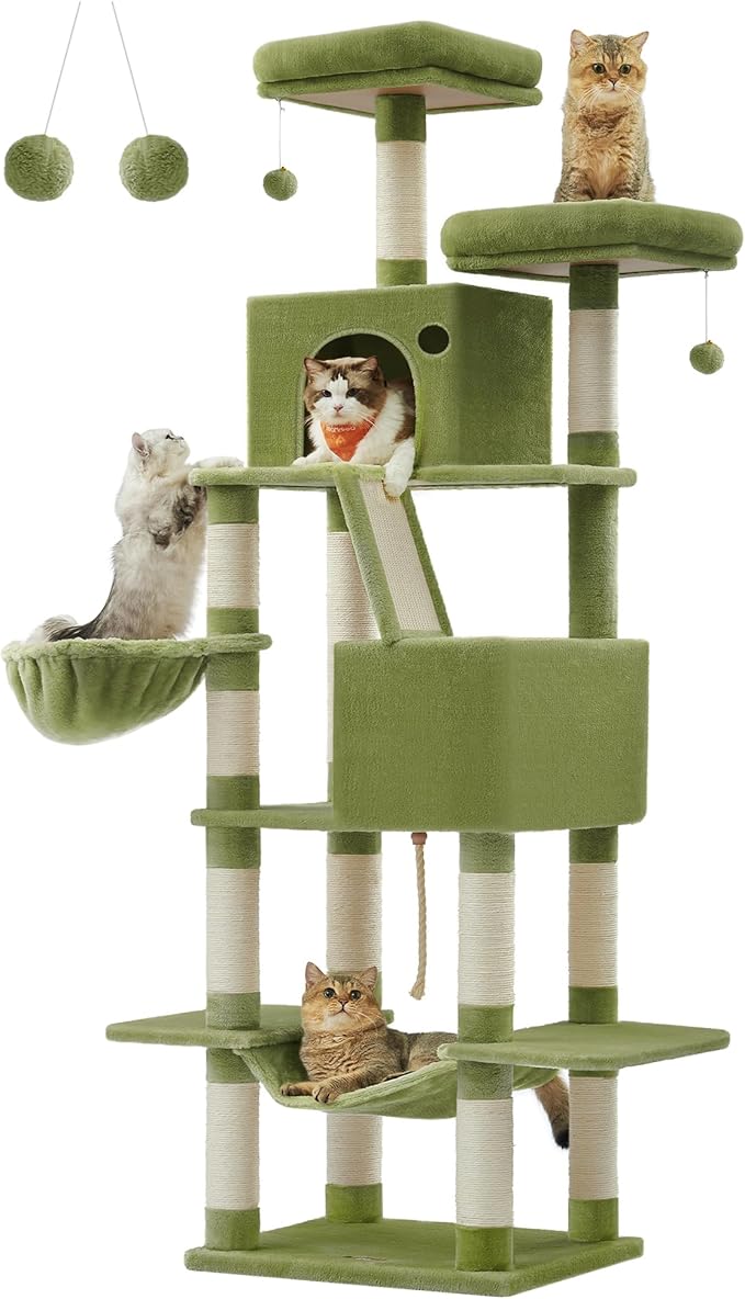 Feandrea Cat Tree, 81.1-Inch Large Cat Tower with 13 Scratching Posts, 2 Perches, 2 Caves, Basket, Hammock, Pompoms, Multi-Level Plush Cat Condo for Indoor Cats, Green UPCT190C01-Mewly Pet