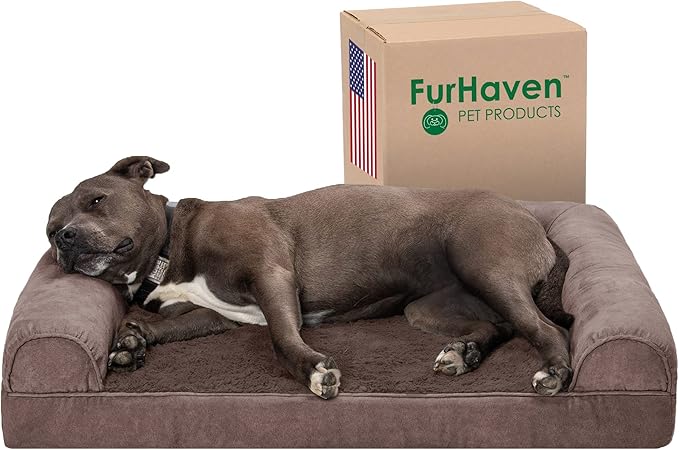 Furhaven Orthopedic Dog Bed for Large/Medium Dogs w/ Removable Bolsters & Washable Cover, For Dogs Up to 55 lbs - Faux Fur & Velvet Sofa - Driftwood Brown, Large-Mewly Pet