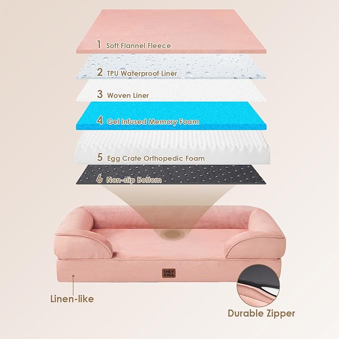 EHEYCIGA Orthopedic Dog Beds for Large Dogs, Waterproof Memory Foam Large Dog Bed with Sides, Non-Slip Bottom and Egg-Crate Foam Pet Couch Bed with Washable Removable Cover, Dusty Pink-Mewly Pet