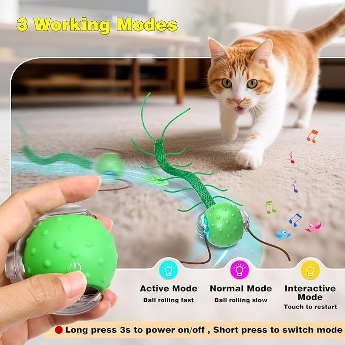 Interactive Cat Toys for Indoor Cats, Moving Cat Ball with Tail, Fast Rolling on Carpet, Chirping & Motion Activate Toy for Bored Indoor Adult Cats-Mewly Pet