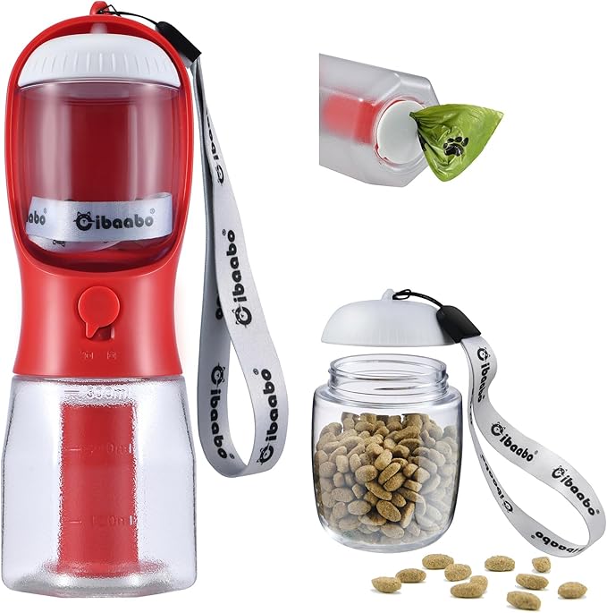 Dog Water Bottle with Food Container & Poop Bag Holder, Travel Water Bowl, Portable Pet Dispenser, Dog Stuff Accessories Items, Puppy Essentials Necessities for Yorkie Chihuahua Walking Hiking-Mewly Pet