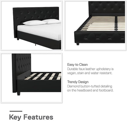 DHP Dakota Upholstered Platform Bed with Diamond Button Tufted Headboard and Footboard, No Box Spring Needed, Full, Black Faux Leather
