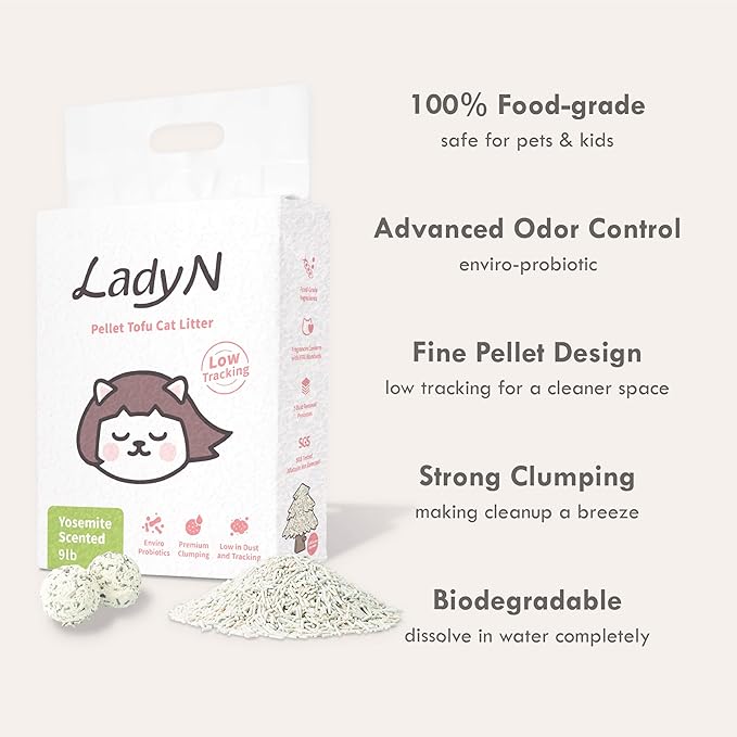 Lady N Pellet Tofu Cat Litter Yosemite Woody Scent, Strong Clumping, Ultra Absorbent, Dust-Free Low Tracking, Water-Soluble, Natural Ingredients, Enviro-Probiotic for Odor Control 9lb-Mewly Pet