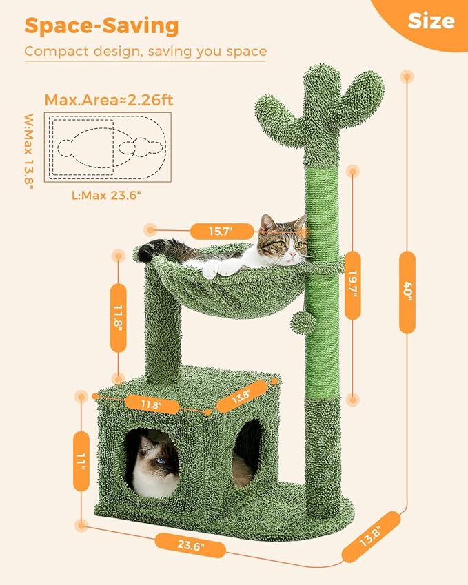Cactus Cat Tree 40" Cat Tower with Large Metal Carpet Hammock, Cat Scratching Post for Indoor Cats with Condo & Replaceable Toy Ball, Green-Mewly Pet