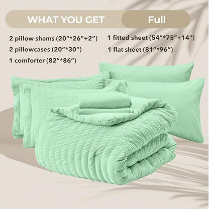 HYMOKEGE Mint Green Full Size Comforter Sets Seersucker 7 Pieces, All Season Luxury Bed in a Bag for Bedroom, Bedding Set with Comforter, Sheets, Pillowcases & Shams