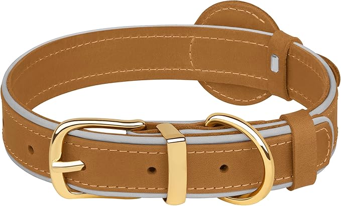 OOPSDOGGY Reflective Geniune Leather Airtag Dog Collar Soft Padded Collars for Small Medium Large Breed Dogs Puppy, 4 Sizes, 7 Colors (Camel, XLarge, 19"-24")-Mewly Pet