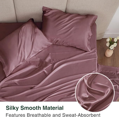 Love's cabin Full Size Satin Sheet Sets - 4 Piece Rose Taupe Silky Sheet Set Full with Deep Pocket, Luxury Silk Feel Bed Sheets Full Bedding Set (1 Flat Sheet,1 Fitted Sheet,2 Pillow Cases)