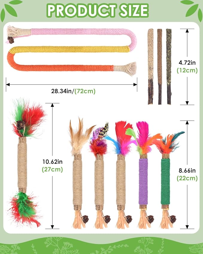 TINDTOP Cat Chew Toys, 12 Pack Silvervine Chew Sticks with 2 Pack Chew Ropes for Kittens Teeth Cleaning, Increase Appetite, Aggressive Chewers Cat Dental Toy-Mewly Pet