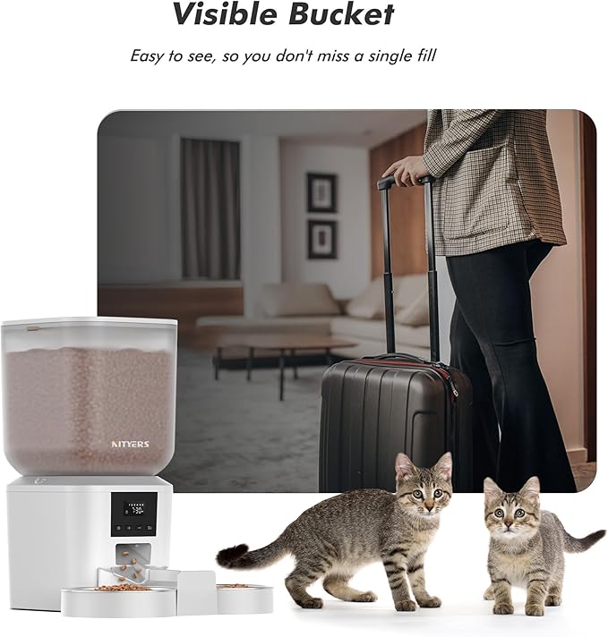 Automatic Cat Feeder for 2 Cats - 8L/34 Cups Large Capacity Auto Food Dispenser with LCD Screen, 2 Food Trays, Timed Cat Feeder, Up to 50 Portions 6 Meals Per Day, Keep Fresh, White-Mewly Pet