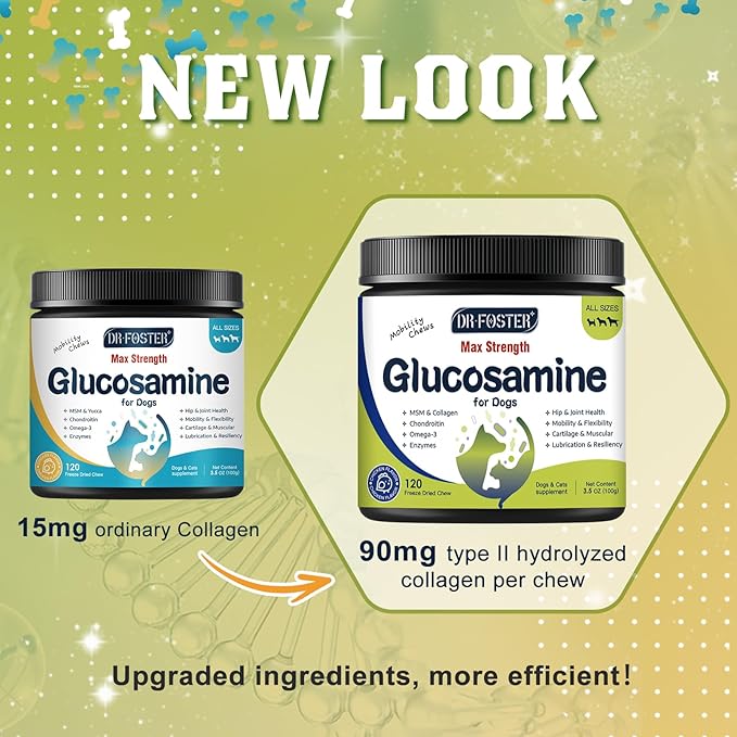 Glucosamine for Dogs, Hip and Joint Supplement for Dogs with Chicken Flavor, Anti Inflammatory, Dog's Chondroitin, Digestive Enzymes, Omega-3, Vitamin D, MSM, Calcium, Turmeric, 120 Freeze-Dried Chews-Mewly Pet