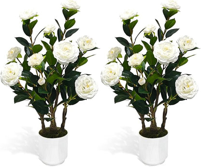 2Pack Artificial Camellia Tree, 2FT Faux Camellia Plant in Pot with White Flowers for Spring Home Front Door Outdoor Indoor Decoration,White