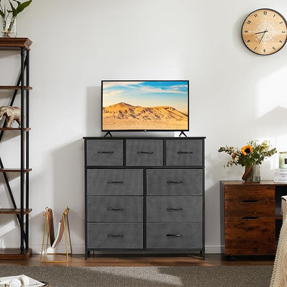 DUMOS Dresser for Bedroom, Dressers & Chests of Drawers Dresser Organizer, Wood Top Table Furniture with 9 Fabric Storage Tower Unit, Chest of Drawers for Closet, Living Room, Hallway, Porch