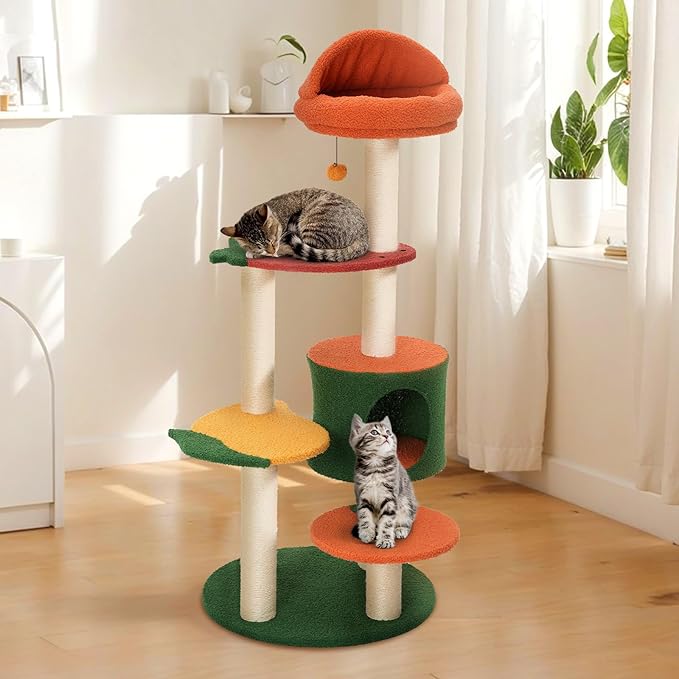 Happy & Polly Cute Cat Tree - 48.4" Fruit World Cat Tower for Indoor Cats, Multi-Level Cat Condo with Sisal Scratching Posts, Private Cave, Plush Strawberry Perches, Perfect Cat Tree Activity Center-Mewly Pet