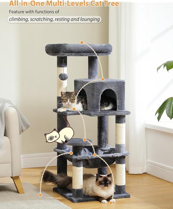 PETEPELA 45.7" Cat Tree for Indoor Cats, 5-Level Cat Tower for Large Cats with Metal Frame Large Hammock (17.3"x15.3"), Cat Condo with (18.5"x13") Big Top Perch & 4 Sisal Covered Scratching Post Dark-Mewly Pet