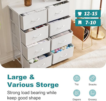 OLIXIS Dresser for Bedroom, Drawer Dresser Organizer Storage Fabric Storage Tower, Chest of Drawers with 8 Easy Pull Fabric Bins, Steel Frame, Wood Top for Living Room, Closet, Entryway, Hallway