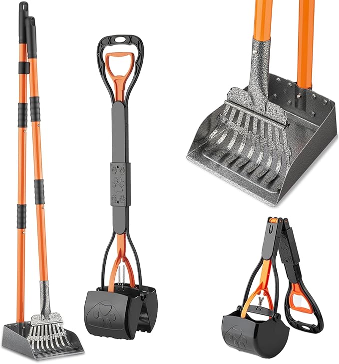 28" Pooper Scooper and 38" Heavy Duty Stainless Steel Rake & Tray Set, 3 in 1 Portable Dog Pooper Scooper Set for Large Medium Small Dogs in Grass, Dirt or Gravel-Mewly Pet