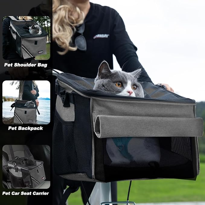 Pet Carrier Bicycle Basket Bag Pet Carrier/Booster Backpack for Dogs and Cats with Big Side Pockets,Comfy & Padded Shoulder Strap,Travel with Your Pet Safety（Titanium）-Mewly Pet