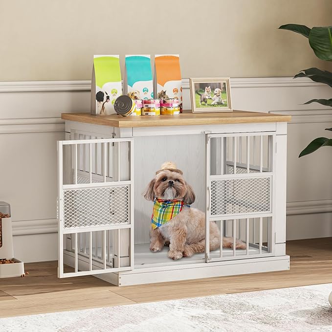 VOPEAK 27.5" Dog Crate Furniture, Chew Resistant Dog Crate for Small Dogs Puppy, Heavy Duty Dog Crates Dog Kennel Cage Indoor with Double Doors, Wooden End Table for Bedroom Living Room, White-Mewly Pet