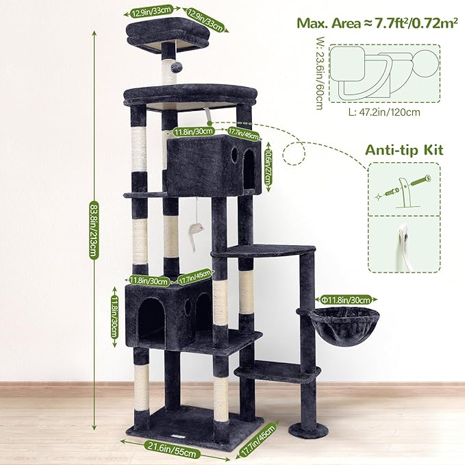 Globlazer Giant Cat Tree, 83 inch Cat Tree for Indoor Cats Large Adult, XXL Cat Tower with 9 Scratching Posts for 20lb+ Heavy Duty Large Adult Cats, F83, Dark Grey-Mewly Pet