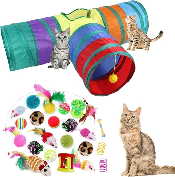 32Pcs Cat Toys Kitten Interactive Pet Toys Assortments, Foldable Rainbow Tunnel, Teaser Wand Fluffy Mouse Crinkle Balls Bell Play for Puppy Kitty (3 way)-Mewly Pet