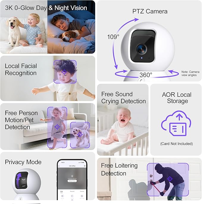 5G Security Camera Indoor 2-Pack, No-Monthly-Fee AI Tracking Facial Recognition, 3K Pet/Dog Camera with Speaker/Phone App, PTZ WiFi Baby Monitor Cameras for Home Security, 0-Glow Night Vision-Mewly Pet