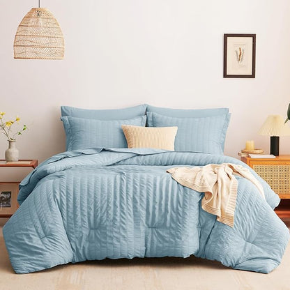 CozyLux King Size Comforter Set Light Blue Seersucker 7 Pieces Bed in a Bag King Comforter Set with Sheets, Luxury Bedding Set with Down Alternative Comforter, Sheets, Pillowcases & Shams All Seasons
