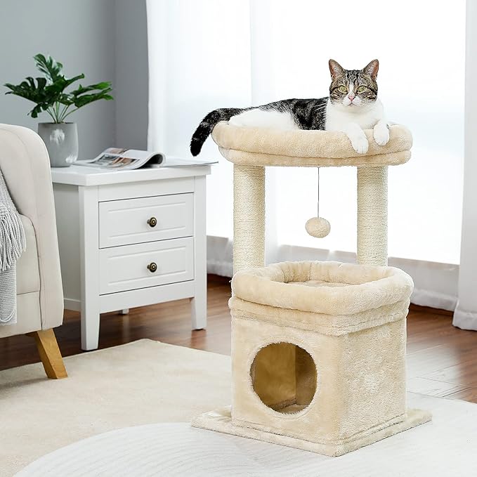PEQULTI Cat Tree Cat Tower for Indoor Cats with Private Cozy Cat Condo, Natural Sisal Scratching Posts and Plush Pom-pom for Small Cats,Beige-Mewly Pet