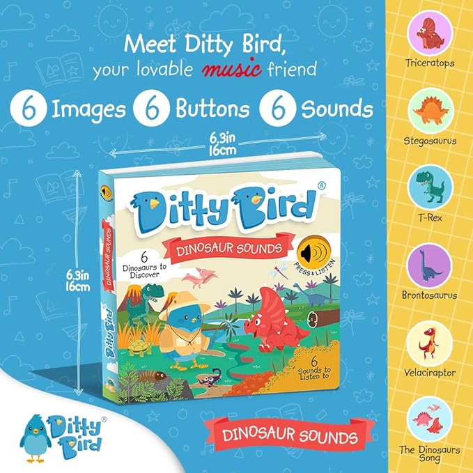 Ditty Bird Dinosaur Book for Toddlers | Realistic Dino Sound Book | Interactive T-Rex Board Books for Toddlers 1-3 | Sensory, Musical Books for Dino Lovers | Sturdy Nursery Rhyme Toys for Baby-Mewly Pet