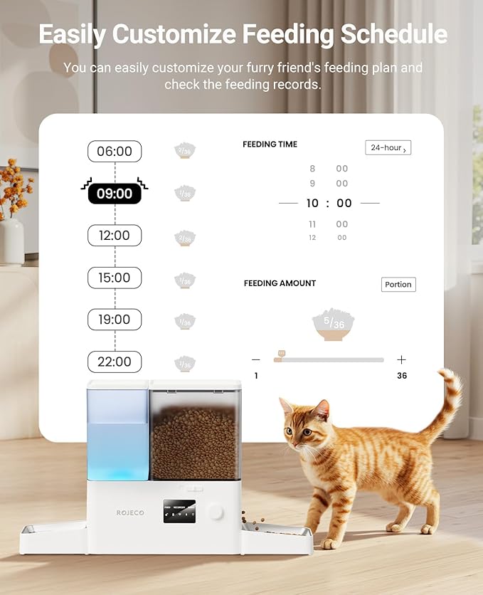 Rojeco 36Cups/8.5L WiFi Automatic Cat Feeder and Gravity Water Dispenser,Stainless Steel Bowls 2-in-1 Large Capacity 5L Food Dispenser with APP and 3.5L Water Fountain for Pets,Dogs,Puppies,Kittens-Mewly Pet