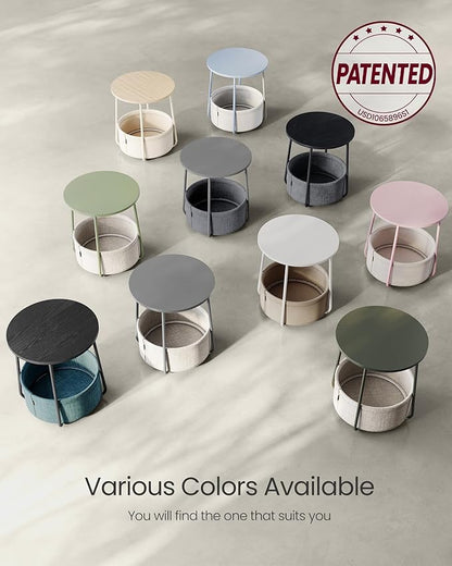 VASAGLE LILEA Collection - Small Round Side End Table, Modern Nightstand with Fabric Basket, Cream White ULET223K67