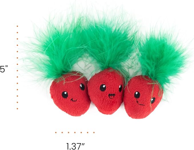 Catstages Strawbabies 3-Pack Catnip Cat Toys for Dental Health, Feather & Crinkle Teething Toys for Kittens and Indoor Cats, Interactive Play, Pink-Mewly Pet