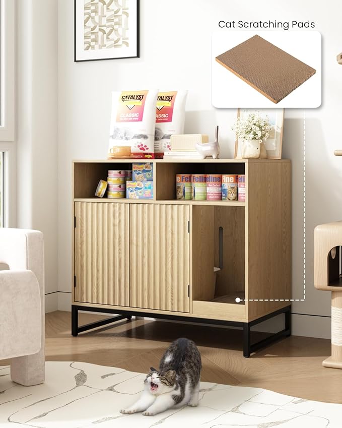 Cat Litter Box Enclosure, Large Hidden Pet Storage Cabinet Furniture with Waveform Fluted Doors & Scratching Pad, Modern Wooden Cat House Indoor for Washroom, Living Room, Bedroom, Natural-Mewly Pet