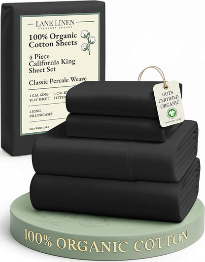 Lane Linen 100% Organic Cotton California King Sheets Set, 4-Piece Pure Organic Cotton Long Staple Percale Weave Ultra Soft Best Bedding Sheets for Bed, Breathable, Fits Mattress Upto 15" Deep - Black