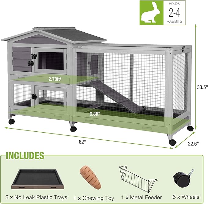 GUTINNEEN Rabbit Hutch Indoor with Chew-Proof Ramp, 62" L Wooden Rabbit Cage with 6 Casters, Bunny Cage with 2 Trays and 2 Story for Small to Medium Animals (Gray)-Mewly Pet