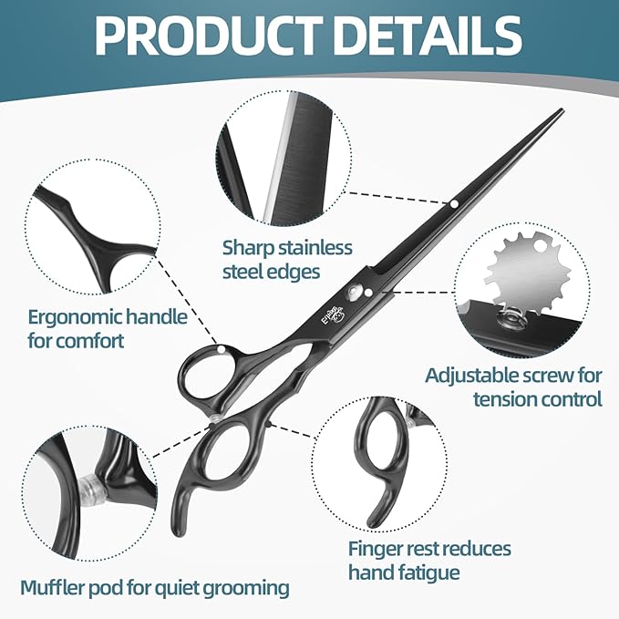 7.0" Professional Dog Grooming Scissors Kit – 3-Piece Set with Straight, Curved & Thinning Shears, Black Japanese Stainless Steel, Includes Grooming Comb for Dogs & Cats-Mewly Pet