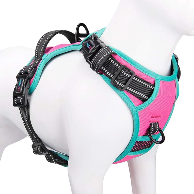 PHOEPET 2019 Upgraded No Pull Dog Harness, Reflective Adjustable Vest, with a Training Handle + 2 Metal Leash Hooks+ 3 Snap Buckles +4 Slide Buckles(XS, Pink)-Mewly Pet