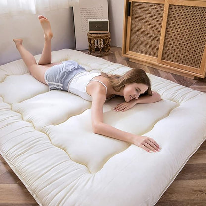 MAXYOYO Japanese Floor Mattress Futon Mattress, Thicken Sleeping Pad Foldable Roll Up Floor Futon for Adults Tatami Mat Dormitory Bed Lounger, Off White, Twin Size